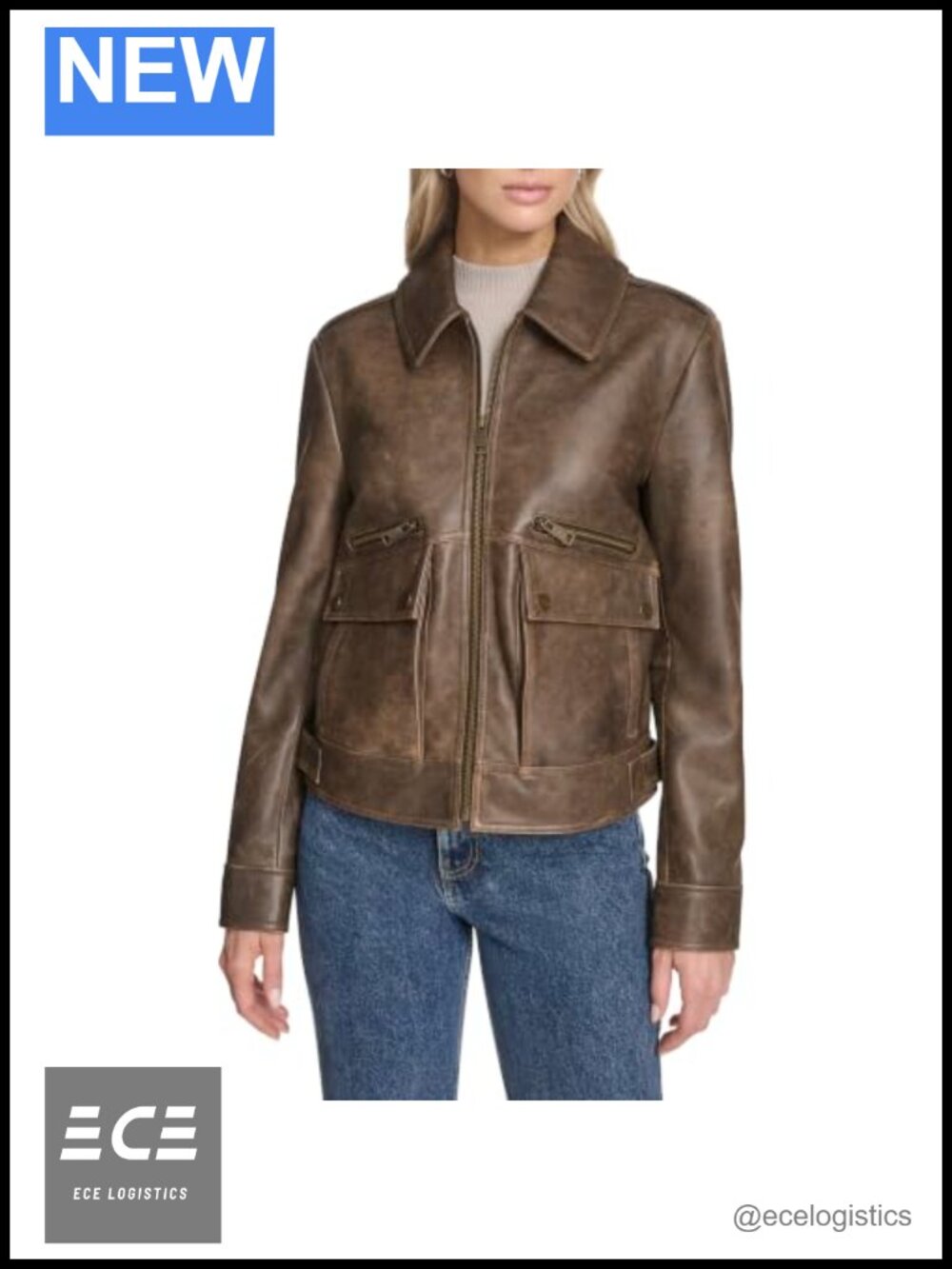 Women's Aviator Lamb Leather Jacket Distressed Snap Cuffs Zip Front Coat